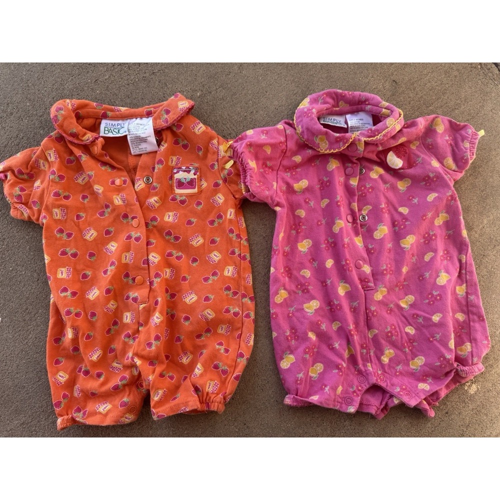 Vintage Simply Basic Baby Girl Outfits 0-3 Mos rompers Set Strawberry Jam/Lemons